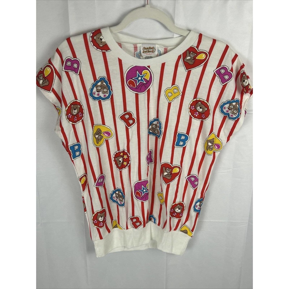 New York Knit Works Womens Small Bear Heart Print Fitted Waist Shirt Vintage